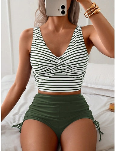 Swimwear Bikini 2 Piece High Waist Swimsuit Slim Backless Vacation Beach Wear Stripe V Neck Sleeveless Bathing Suits