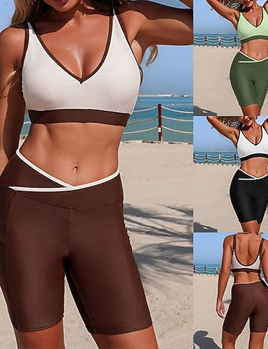 Bikini Sets Bathing Suit 2 Pieces Color-blocking Elastic Sleeveless Swimwear Surfing Beach Vacation Summer