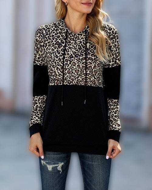 MW | MW Damen Schwarzer Hoodie mit Kordelzug und Leopardenmuster