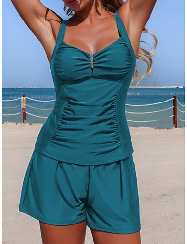 Swimwear Tankini 2 Piece Shorts Swimsuit Tummy Control High Waist Slim Backless Vacation Beach Wear Color V Neck Sleeveless Bathing Suits