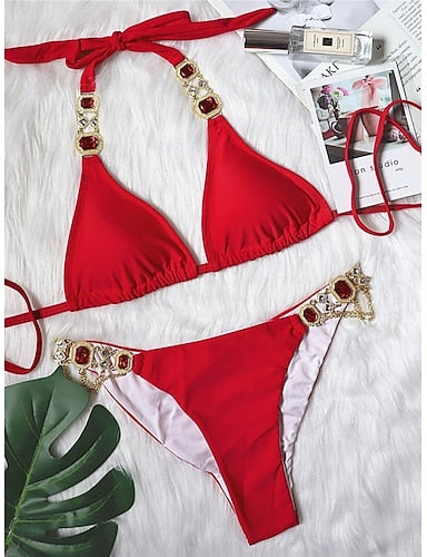 Bikini 2 Piece Swimsuit Thong Slim Backless Vacation Beach Wear Color Halter Neck Sleeveless Bathing Suits