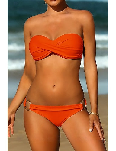 Swimwear Bikini 2 Piece Normal Swimsuit 2 Piece Ruched Open Back Pure Color Green White Black Yellow Rosy Pink Padded Strapless Bathing Suits New Vacation / Modern / Padded Bras