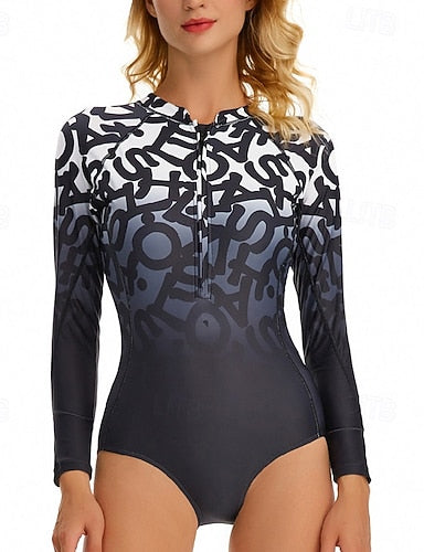 Rash Guard One Piece Swimsuit Printed Front Zip Uv Sun Protection Upf50+ Quick Dry Long Sleeve Swimwear Bathing Suit Surfing Beach Water Sports Summer
