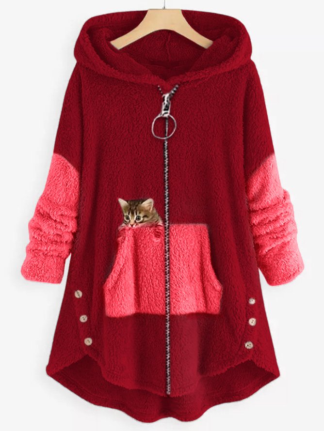 Fleece-Kapuzenmantel mit Colorblock-Paneelen und bestickter Kätzchen-Tasche