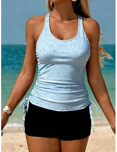 Swimwear Tankini 2 Piece Shorts Swimsuit Tummy Control High Waist Slim Backless Vacation Beach Wear U Neck Sleeveless Bathing Suits