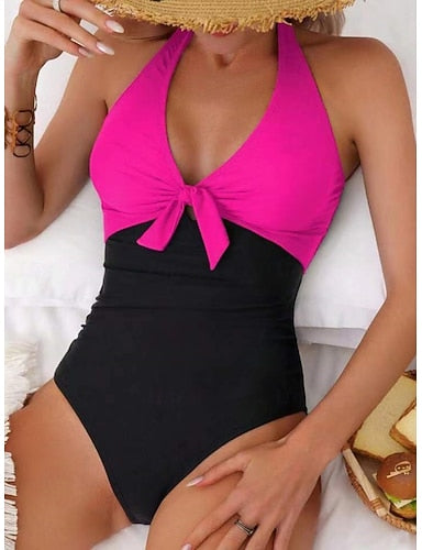 One Piece Swimsuit Slimming Colorblock Monokini Tummy Control High Waist Slim Backless Vacation Beach Wear Color Block Halter Neck Sleeveless Bathing Suits