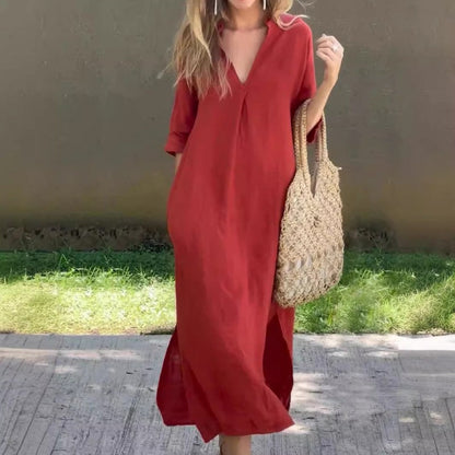 MW | Leinenkleid mit V-Ausschnitt und Tasche