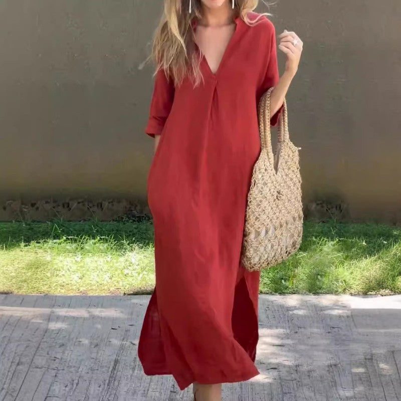 MW | Leinenkleid mit V-Ausschnitt und Tasche