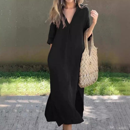 MW | Leinenkleid mit V-Ausschnitt und Tasche