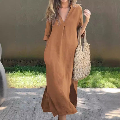 MW | Leinenkleid mit V-Ausschnitt und Tasche
