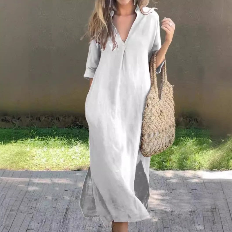 MW | Leinenkleid mit V-Ausschnitt und Tasche