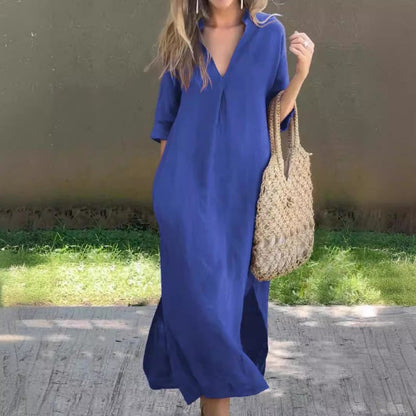 MW | Leinenkleid mit V-Ausschnitt und Tasche