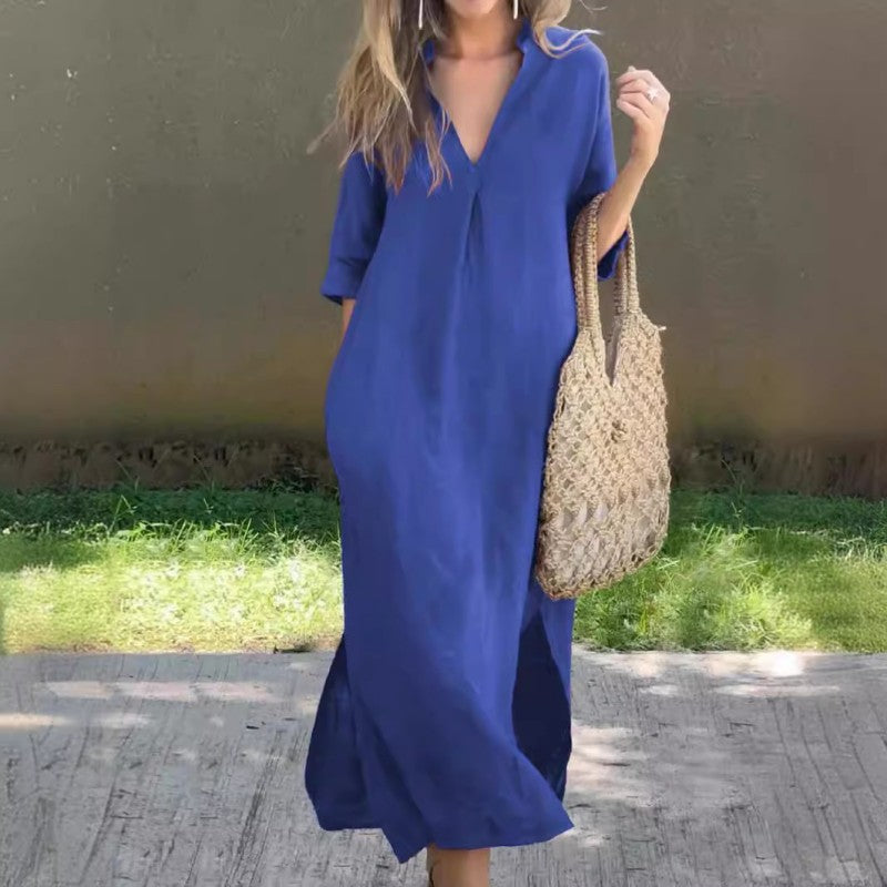MW | Leinenkleid mit V-Ausschnitt und Tasche