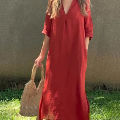 MW | Leinenkleid mit V-Ausschnitt und Tasche