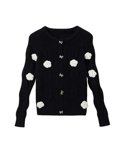 MW | Elegante Pullover in Schwarz mit 3D-Blumen und Einreihung