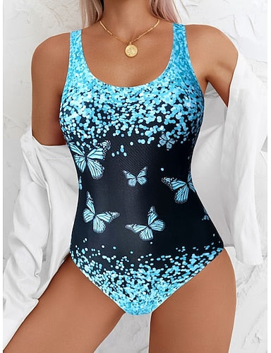 One Piece Swimsuit Slimming Monokini Backless Tummy Control High Waist Slim Vacation Beach Wear Ombre Butterfly U Neck Sleeveless Bathing Suits