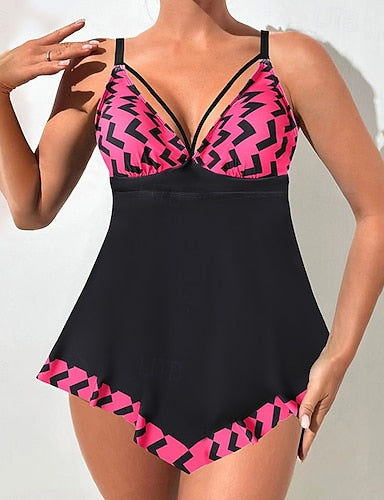 Swimwear 2 Piece Cheeky Swimsuit Backless Vacation Beach Wear Graphic V Neck Sleeveless Bathing Suits