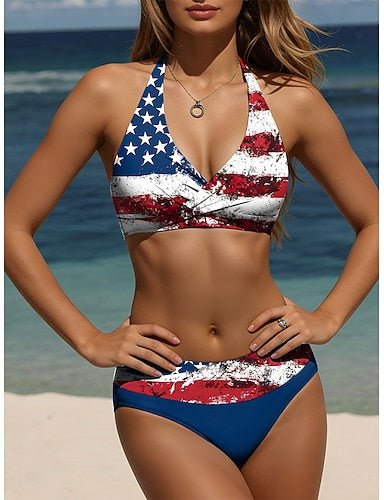 Swimwear Bikini Briefs Swimsuit Vacation Graphic Flag V Neck Sleeveless Bathing Suits