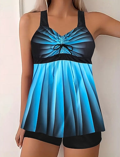 Swimwear 2 Piece Shorts Swimsuit Backless Vacation Beach Wear Graphic Round Neck Sleeveless Bathing Suits