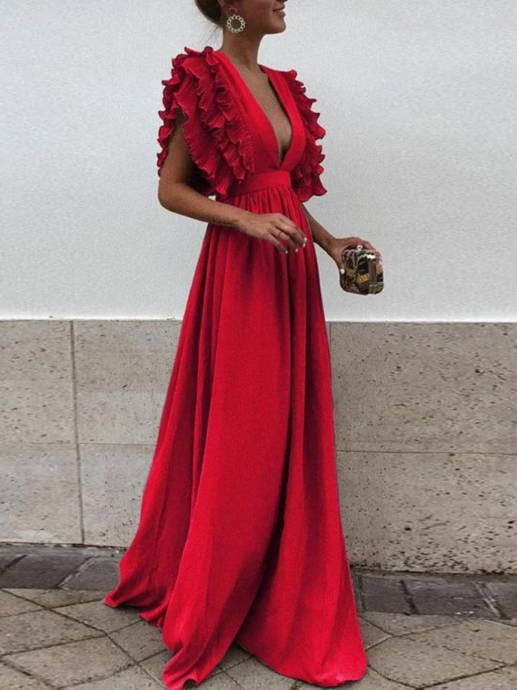 MW | Elegantes Kleid mit V-Ausschnitt und gerüschten Ärmeln
