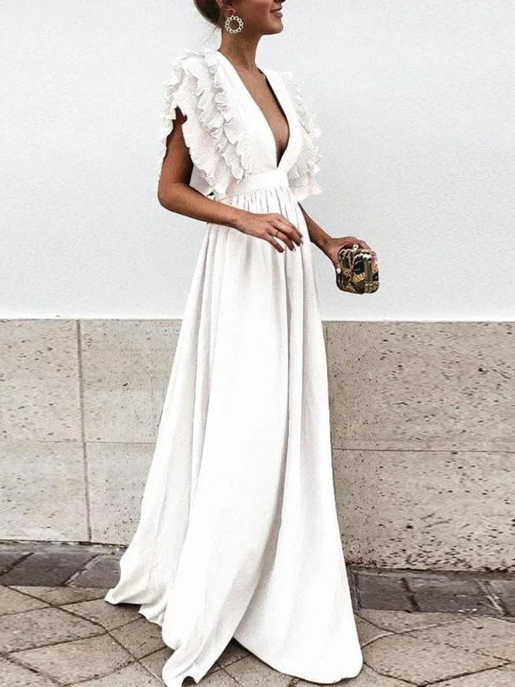 MW | Elegantes Kleid mit V-Ausschnitt und gerüschten Ärmeln