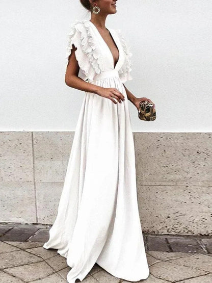 MW | Elegantes Kleid mit V-Ausschnitt und gerüschten Ärmeln