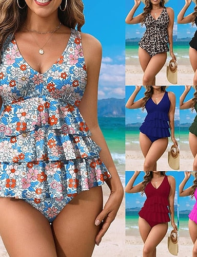 Print Swimsuit Two Piece Swimsuit Colored Tropical V Neck Tummy Control Elastic Sleeveless Swimwear Surfing Beach Vacation Summer