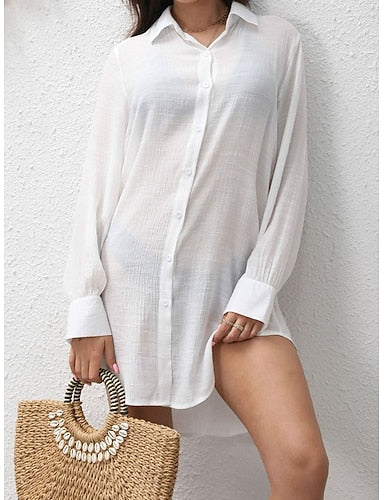 Mini Dress White Dress Beach Dress Shirt Dress Cover Up Classic Daily Outdoor Beach Loose Fit Plain Long Sleeve Shirt Collar White Summer Spring