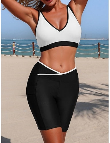 Swimwear Tankini 2 Piece Shorts Swimsuit Tummy Control High Waist Slim Backless Vacation Beach Wear Color V Neck Sleeveless Bathing Suits