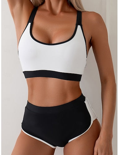 Bikini 2 Piece Swimsuit Colorblock Briefs Slim Backless Vacation Beach Wear Color Block U Neck Sleeveless Bathing Suits