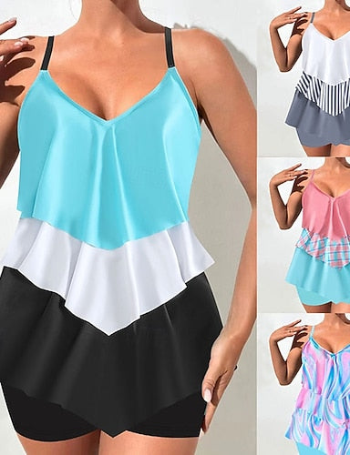 Swimwear 2 Piece Shorts Swimsuit Backless Vacation Beach Wear Graphic Color Block V Neck Sleeveless Bathing Suits