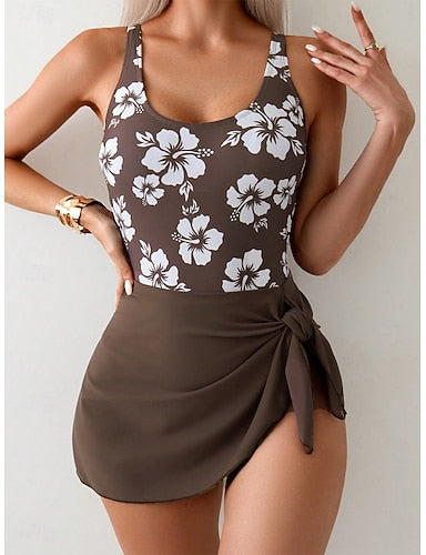One Piece Swimsuit With Skirt Monokini High Cut Tummy Control High Waist Slim Backless Vacation Graphic U Neck Sleeveless Bathing Suits