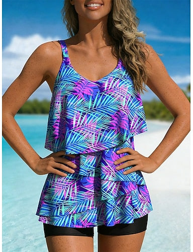 Swimwear Tankini 2 Piece High Waist Swimsuit Tummy Control High Waist Slim Backless Vacation Beach Wear Tropical U Neck Sleeveless Bathing Suits