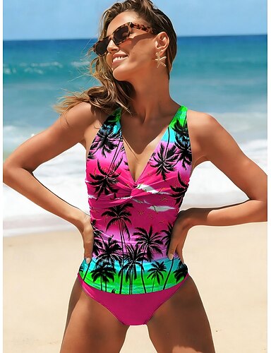 Tankini 2 Piece Swimsuit Slimming Palm Shorts Backless Vacation Beach Wear Graphic Tropical V Neck Sleeveless Bathing Suits
