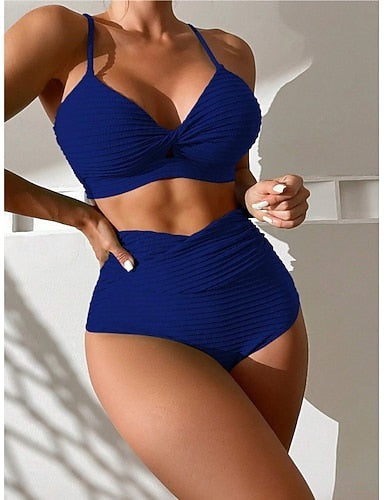 Bikini 2 Piece Swimsuit Ruched Underwire Briefs Slim Backless Vacation Beach Wear Color V Neck Sleeveless Bathing Suits