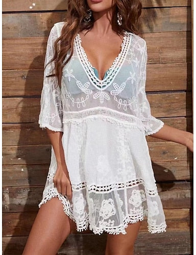Cover Up Swimsuit Dress Lace Patchwork Vacation Beach Wear Color V Neck Long Sleeve Bathing Suits