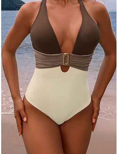Swimwear One Piece High Waist Swimsuit Ruched Patchwork Vacation Plain V Neck Sleeveless Bathing Suits